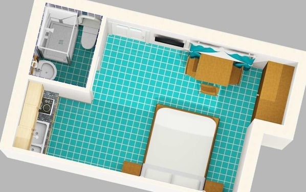 A 2D floor plan of a hotel room with a bathroom, kitchenette, and a large bed. - Studio, terrace, first floor (Ortensia) (Anzio)