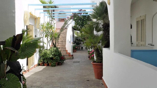 A narrow stone-paved courtyard with potted plants and a staircase leading to an upper level. - Studio, terrace, first floor (Ortensia) (Anzio)