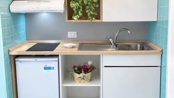 A compact kitchen with a built-in dishwasher, a sink, and a small refrigerator.