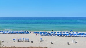 A beach with rows of blue umbrellas and lounge chairs, and a clear view of the ocean. - 302 -Luxury Gulf-Front Condo | 3 Bedrooms | Sleeps 8+ Free Beach Chairs! (Panama City Beach)