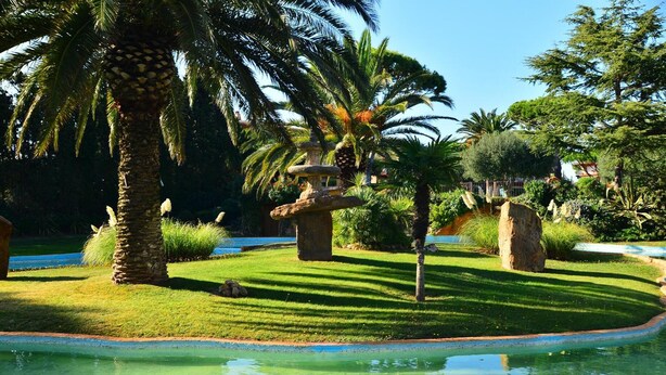 Ein gepflegter Garten mit Pool, Palmen und einer Steinfountain.