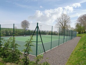 Een tennisbaan met een groen hek, bomen en een heldere lucht.