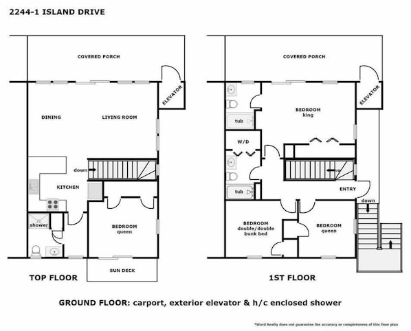 A floor plan of a 2-bedroom apartment with a covered porch, dining area, kitchen, and sun deck.