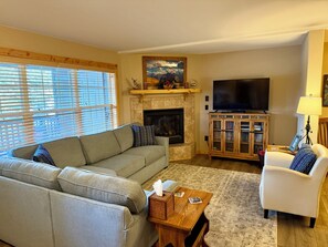 Smart TV, fireplace, DVD player, books