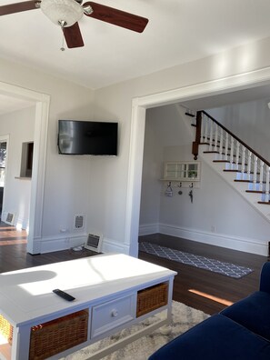 Smart TV, lareira, livros, biblioteca musical