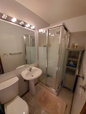 Combined shower/tub, hair dryer, towels, soap