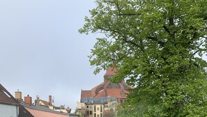 Een smalle straat met keien, omzoomd door gebouwen, waaronder een kerk met een rood dak en een grote boom aan de rechterkant.