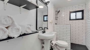 Shower, hair dryer, shampoo