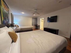 Una habitación de hotel con una cama grande, un escritorio, una silla, un ventilador de techo, un televisor y un cuadro en la pared.