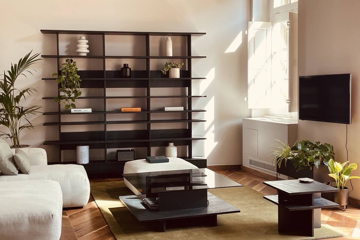 Una sala de estar moderna con un sofá, una mesa de centro, un televisor y una estantería.