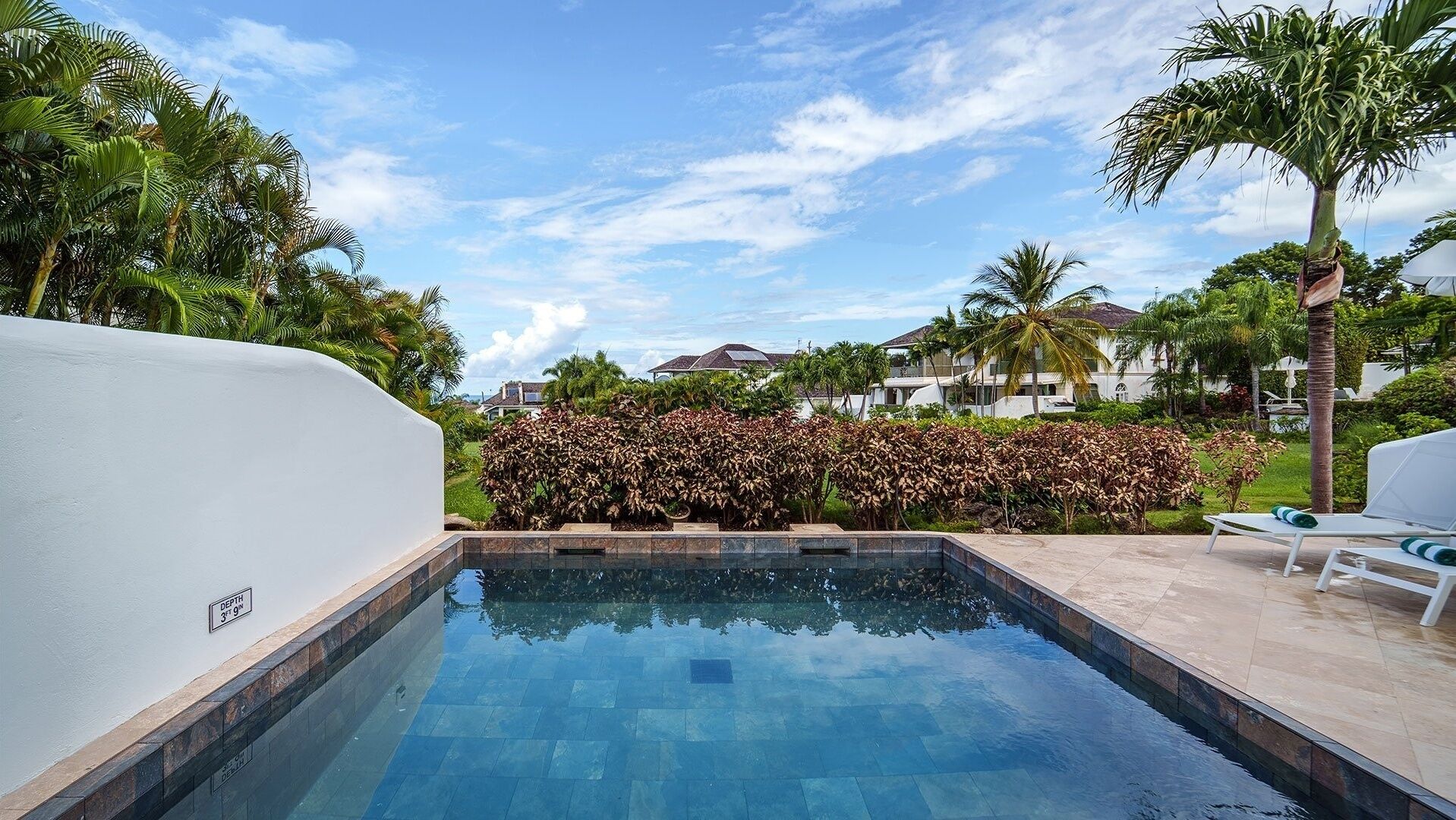 A swimming pool with a depth marker, surrounded by palm trees and a hedge.