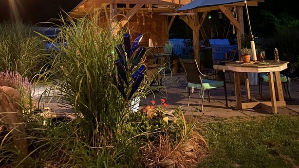 A wooden gazebo with a table and chairs, surrounded by plants and a grill.