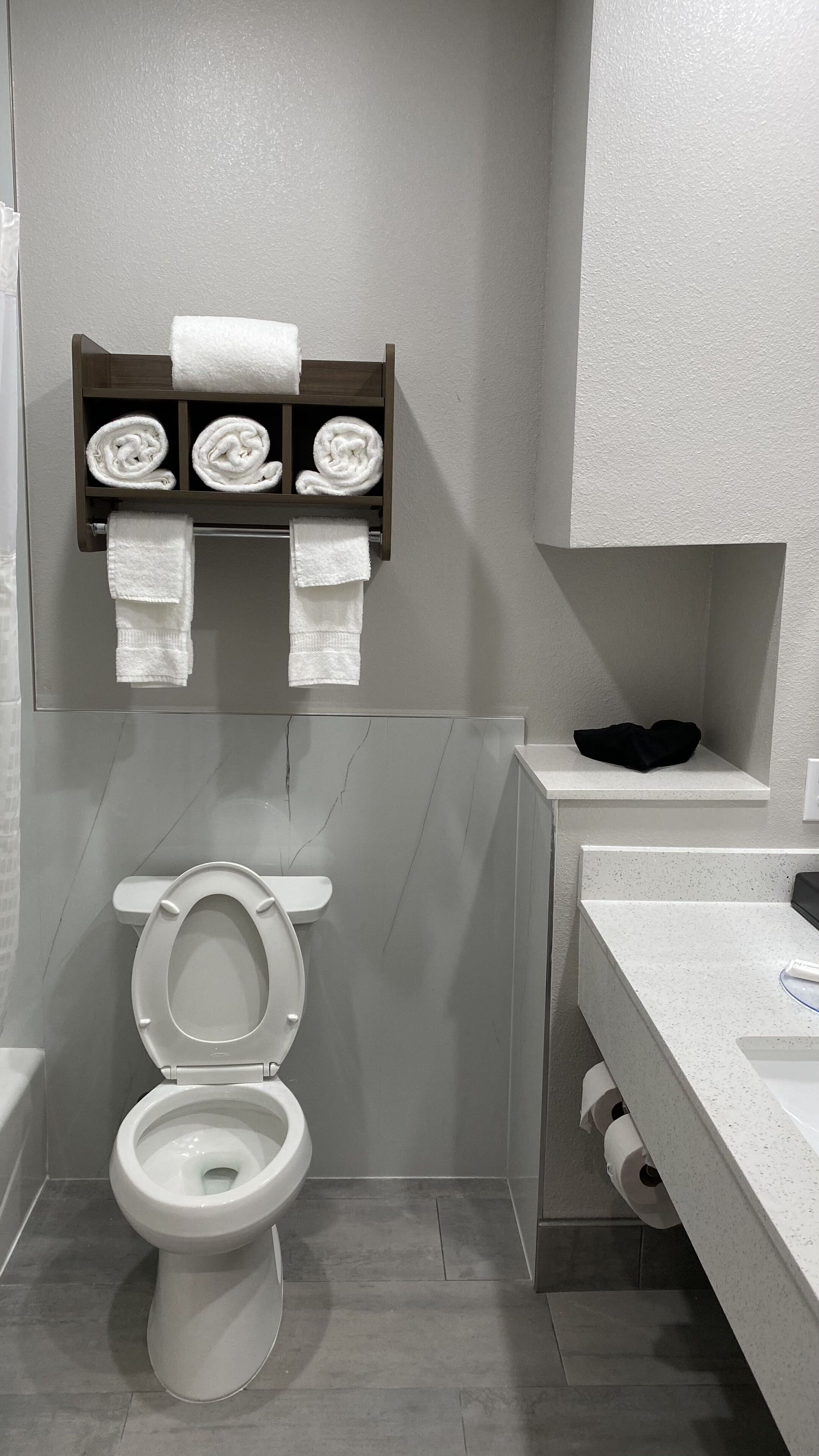 A modern bathroom with a toilet, a towel rack with neatly folded towels, and a black bath mat on the floor.