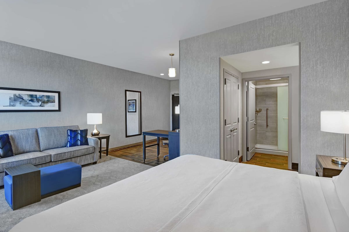 Une chambre d’hôtel avec un grand lit, un canapé, un bureau et un espace douche.