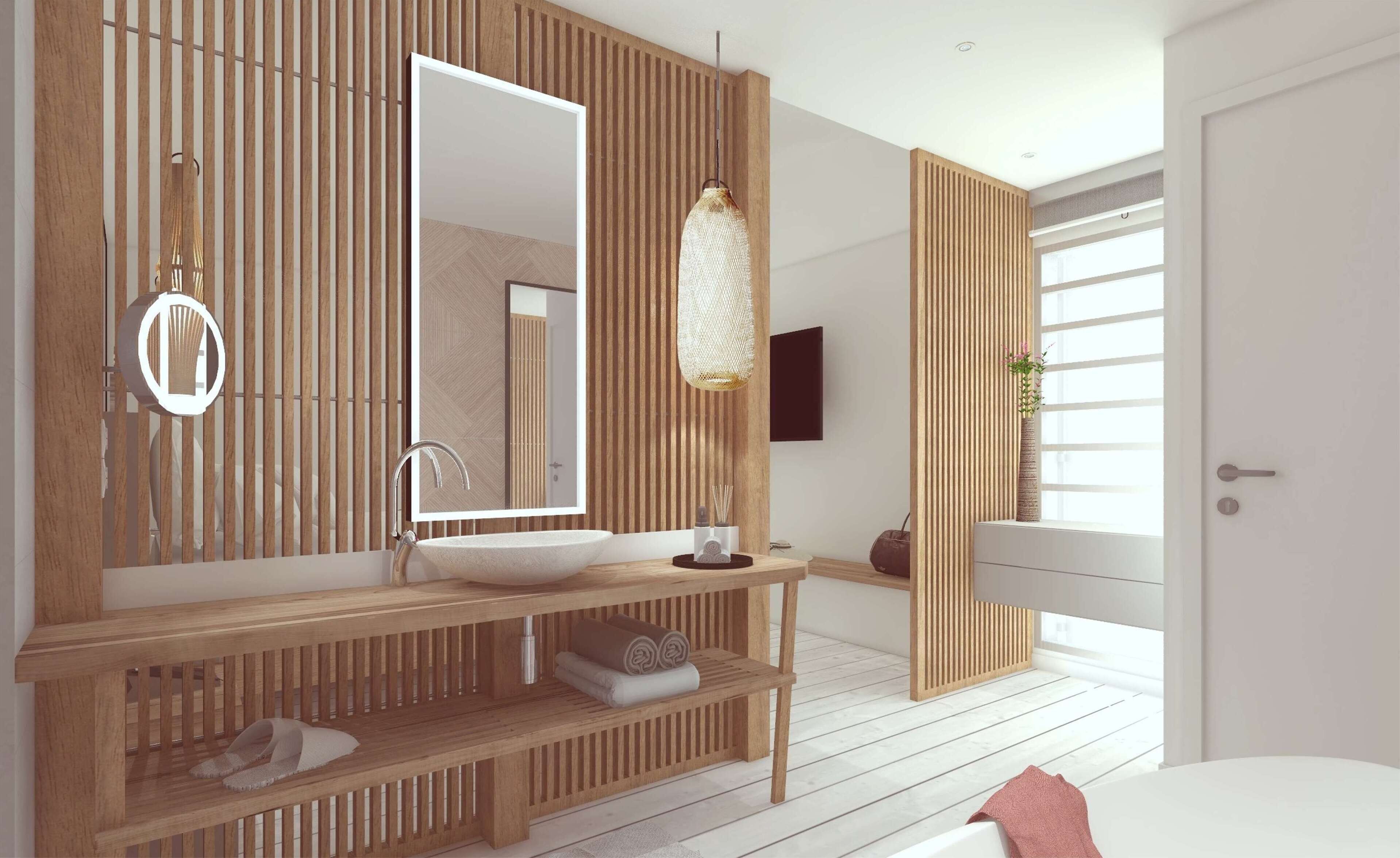 Ein modernes Badezimmer mit einem Holzlagerfläschchen, einem großen Spiegel, einer Pendelleuchte und einer Badewanne.