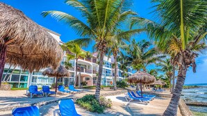 A beach resort with thatched umbrellas, palm trees, and blue lounge chairs.