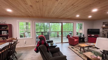 Smart TV, fireplace, books