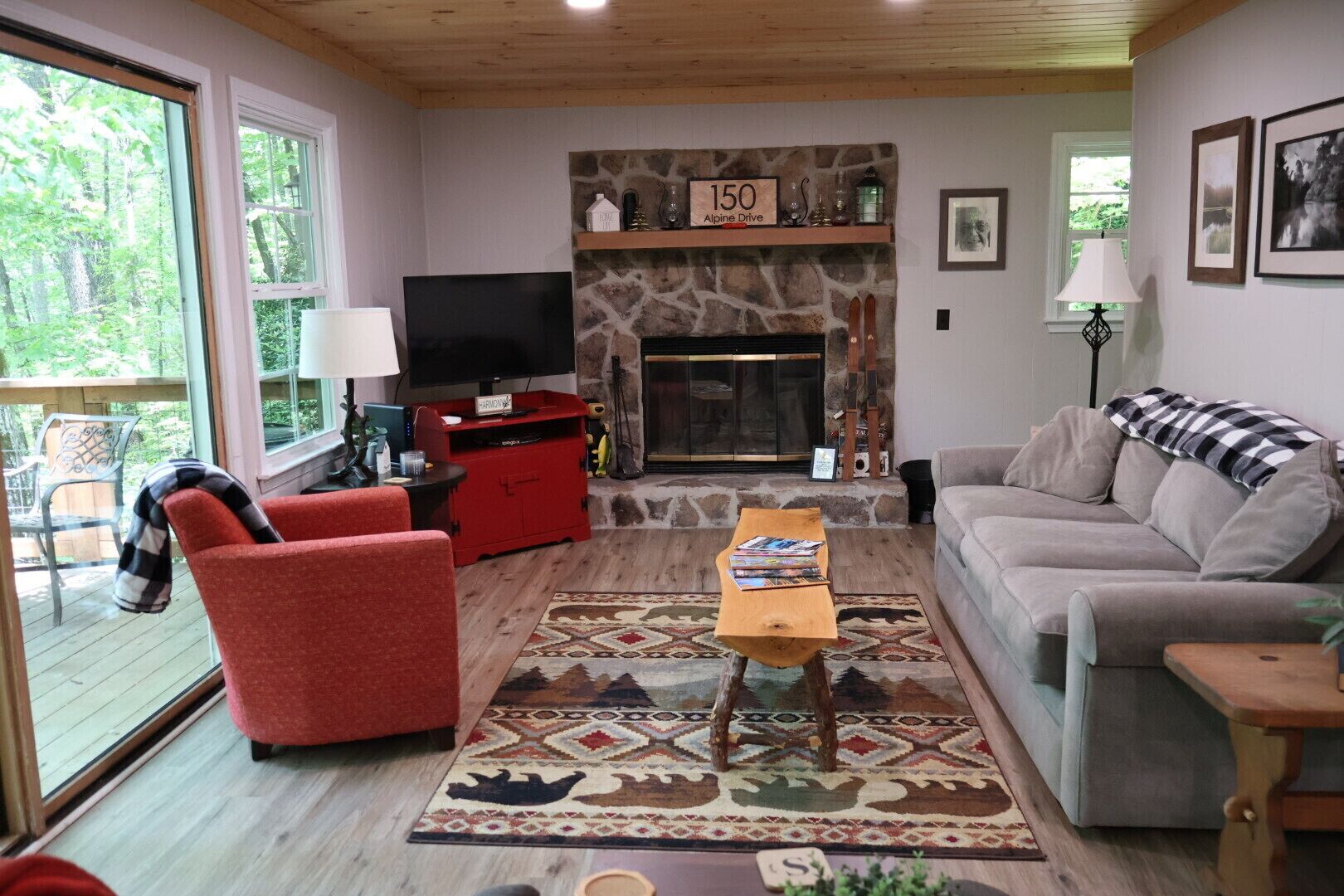 TV connectée, cheminée, livres