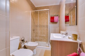 Shower, hair dryer, towels