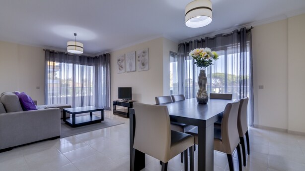 Een moderne woonkamer met een bank, salontafel, eettafel en stoelen. Er staat een televisie op een dressoir, een vaas met bloemen en kunst aan de muur.