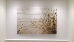Ein an der Wand hängendes Kunstwerk, das eine Strandansicht mit Sand und Gräsern zeigt.