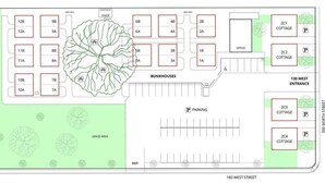 A floor plan of a property with bunkhouses, a stage, and naturalized habitat areas. - Bunkhouse 8A In Tranquil Environment (La Verkin)