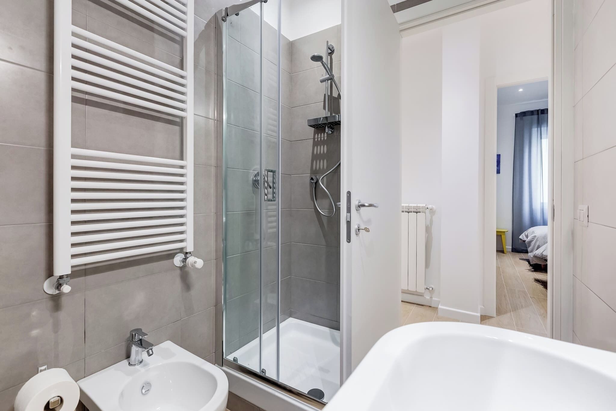 Shower, hair dryer, bidet, towels