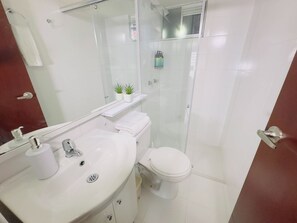 Hair dryer, towels, soap, shampoo