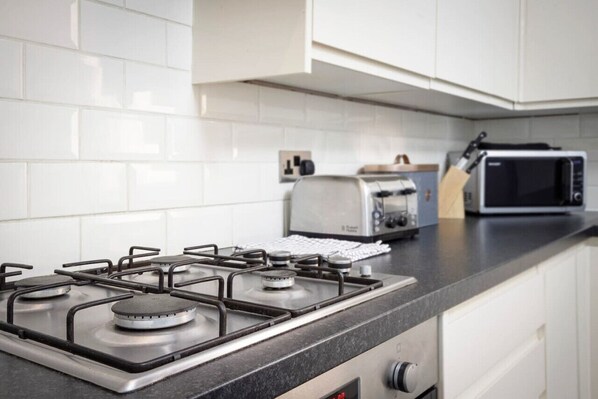 Fridge, microwave, oven, toaster