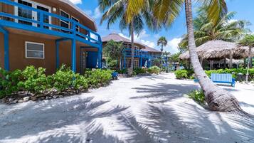 Un resort con un sendero de arena, palmeras y edificios azules.