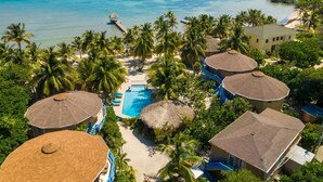 Un complexe hôtelier doté d’une piscine, de palmiers et offrant une vue sur l’océan.