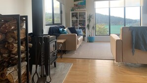 Una sala de estar acogedora con estufa de leña, sofá, estantería y grandes ventanales con vistas al exterior.