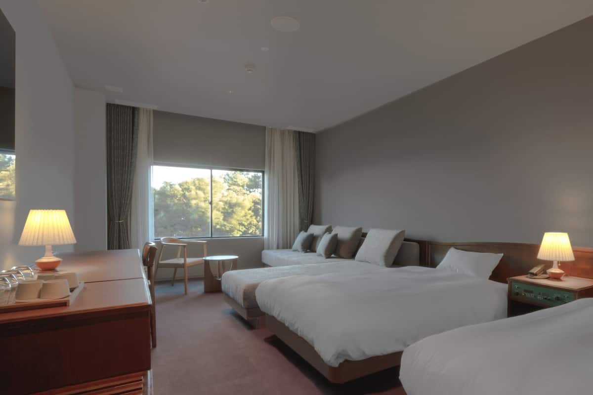 Habitación de hotel con dos camas, un escritorio, una silla, una mesita y una ventana con cortinas.