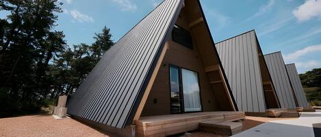 A modern, triangular-shaped building with a sloped roof, large windows, and a wooden deck.