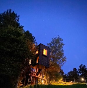 A treehouse with a small window, surrounded by trees and a clear night sky. - Adventure tree house, Baldauf family - Tree house (Sulzberg)