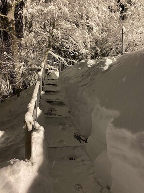 A snow-covered staircase with metal railings and steps partially obscured by snow.