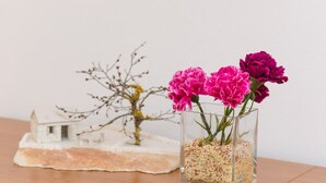 En genomskinlig glasvas med rosa blommor och en liten modell av ett hus, placerad på en träyta.