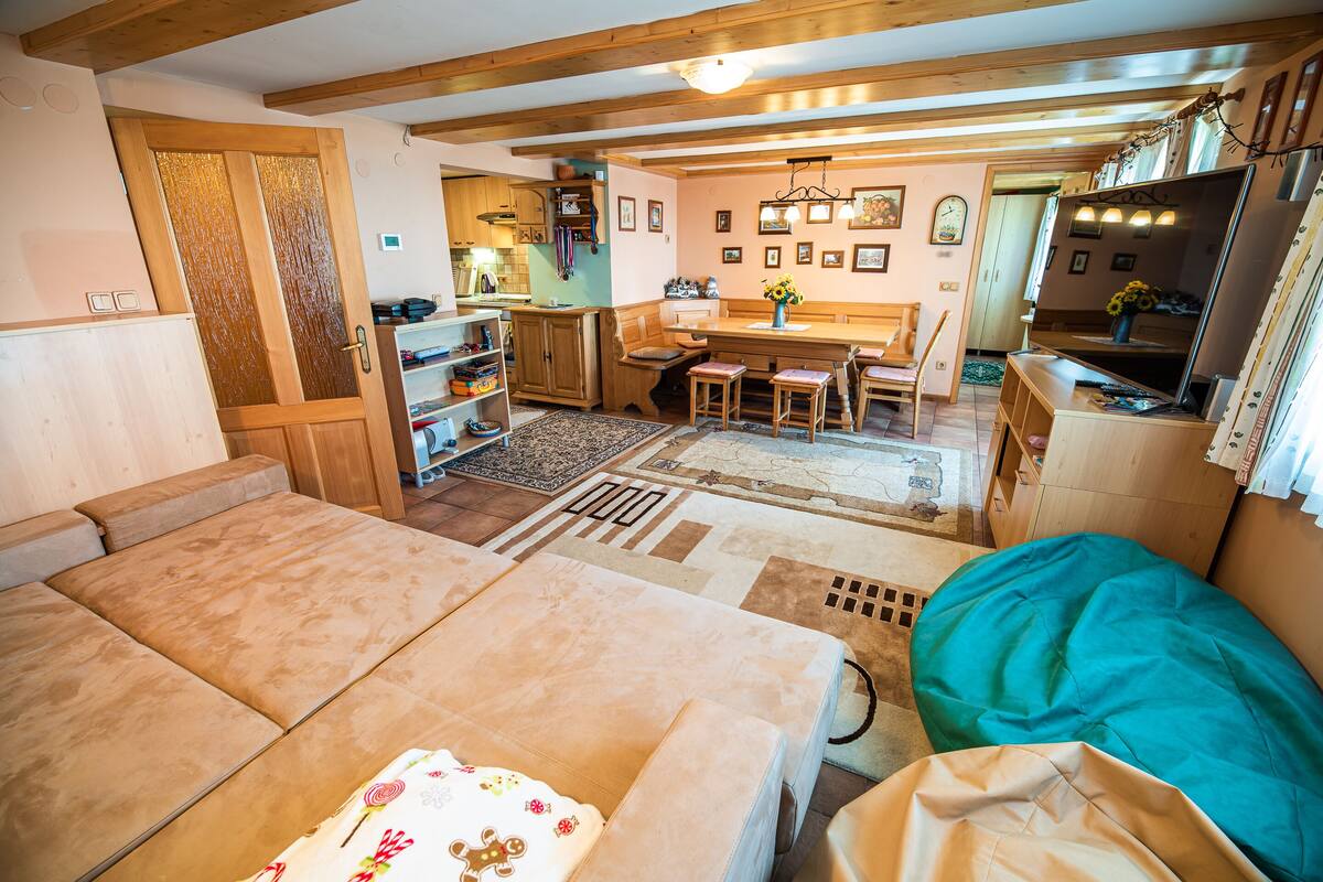 Ein gemütliches Zimmer mit einer Couch, einem Bett, einem Essbereich mit Tisch und Stühlen sowie einer Küche im Hintergrund.