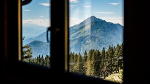 A mountain view through a window with a clear sky and a forested area below. - Apartments Zvoh, Krvavec, Ski-in, Ski-out (Cerklje na Gorenjskem)