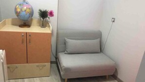 Une petite pièce avec un canapé gris, une commode en bois, un globe terrestre et une petite plante.