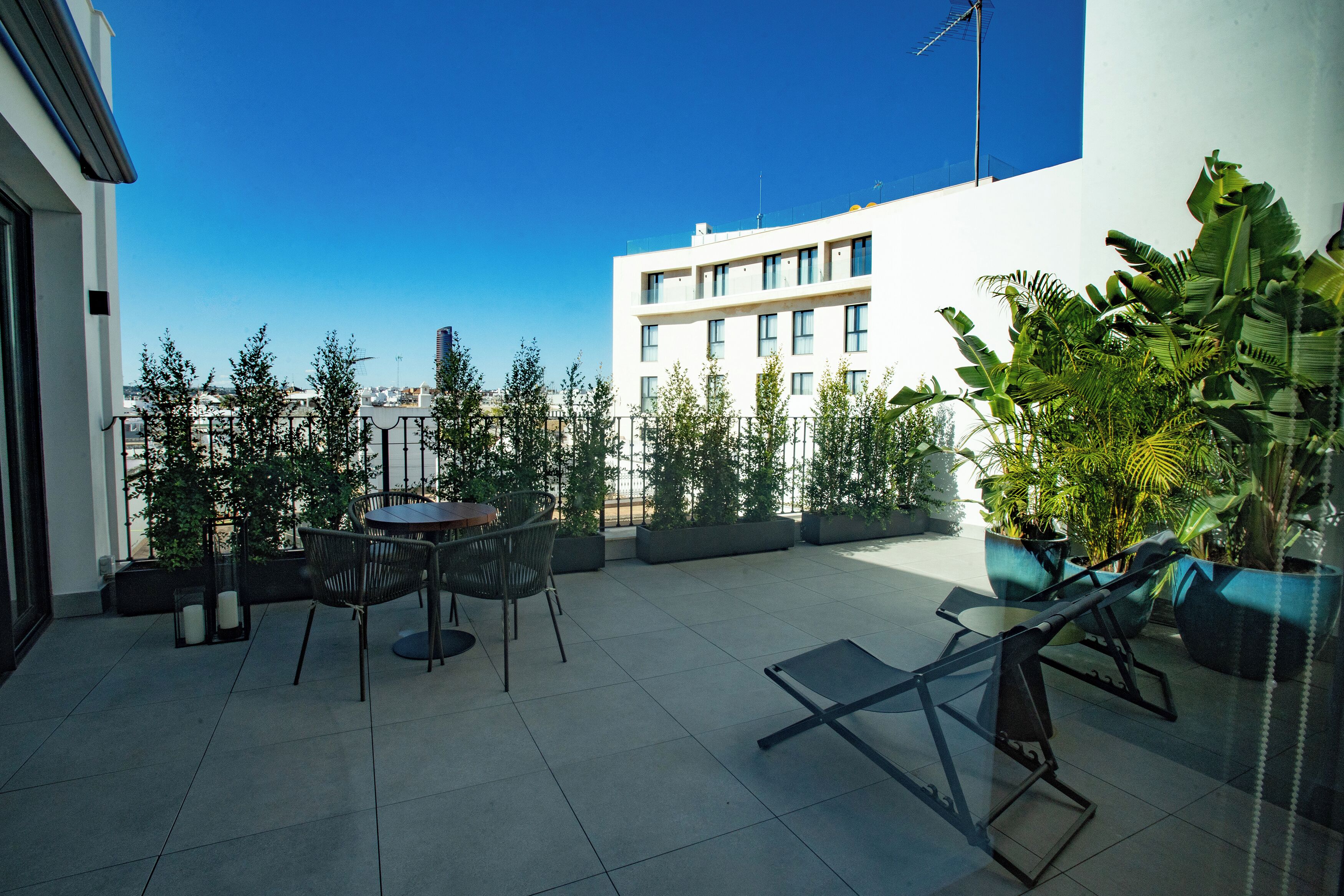 Una terraza en la azotea con mesa y sillas, rodeada de macetas con plantas y un cielo azul despejado.