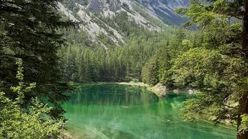 Paisaje montañoso con un lago cristalino rodeado de bosque denso y montañas rocosas.