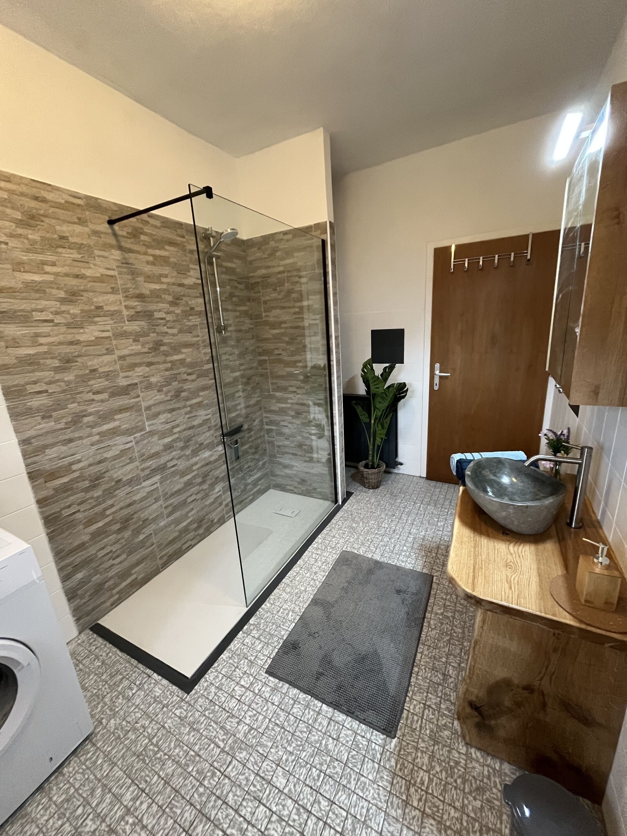 A modern bathroom with a glass shower enclosure, a wooden vanity with a large bowl sink, and a potted plant.