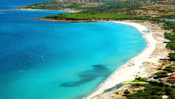Een kuststrand met helder turquoise water, een zandrijk strand en verspreide bomen.