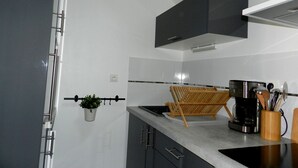A modern kitchen with grey cabinets, a wooden chair, a coffee maker, and a hanging plant. - The blue house (Fécamp)