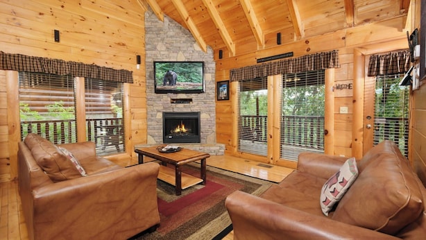 A cozy cabin interior with leather sofas, a stone fireplace, a television, and large windows.