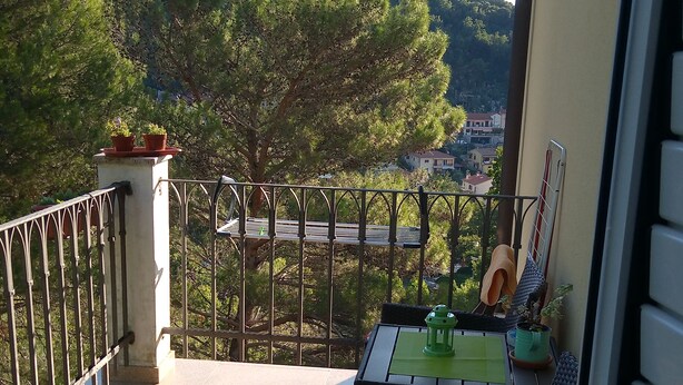 A balcony with a table and chairs, a railing, and a view of a hillside with trees.
