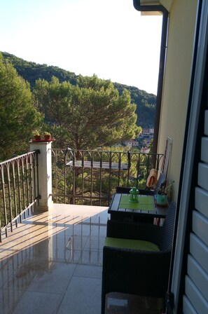 Uma varanda com mesa e cadeiras, corrimão e vista para uma encosta arborizada.