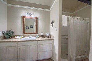 Combined shower/bathtub, hair dryer