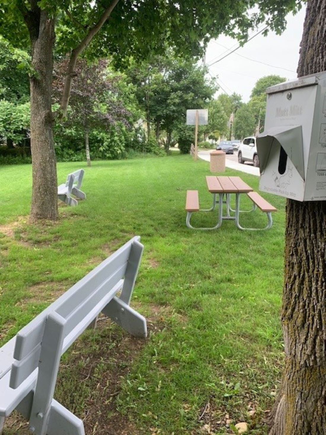A park with picnic tables and benches, surrounded by trees.
